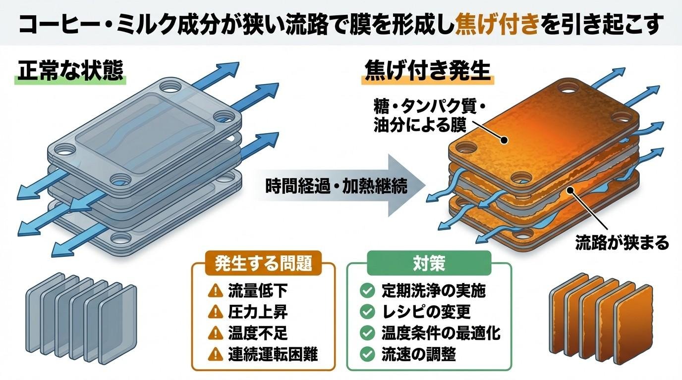 コーヒー・ミルク成分が狭い流路で膜を形成し焦げ付きを引き起こす正常な状態