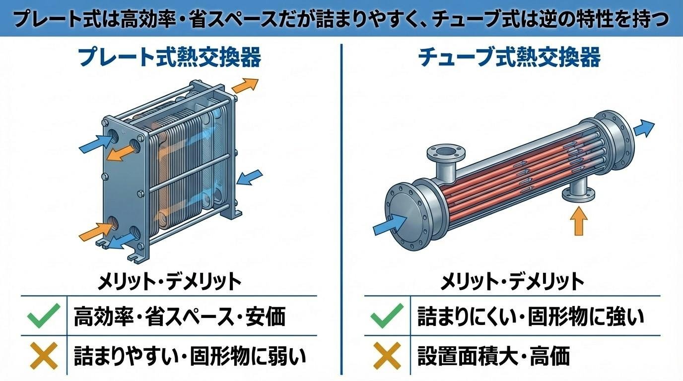 プレート式は高効率・省スペースだが詰まりやすく、チューブ式は逆の特性を持つ